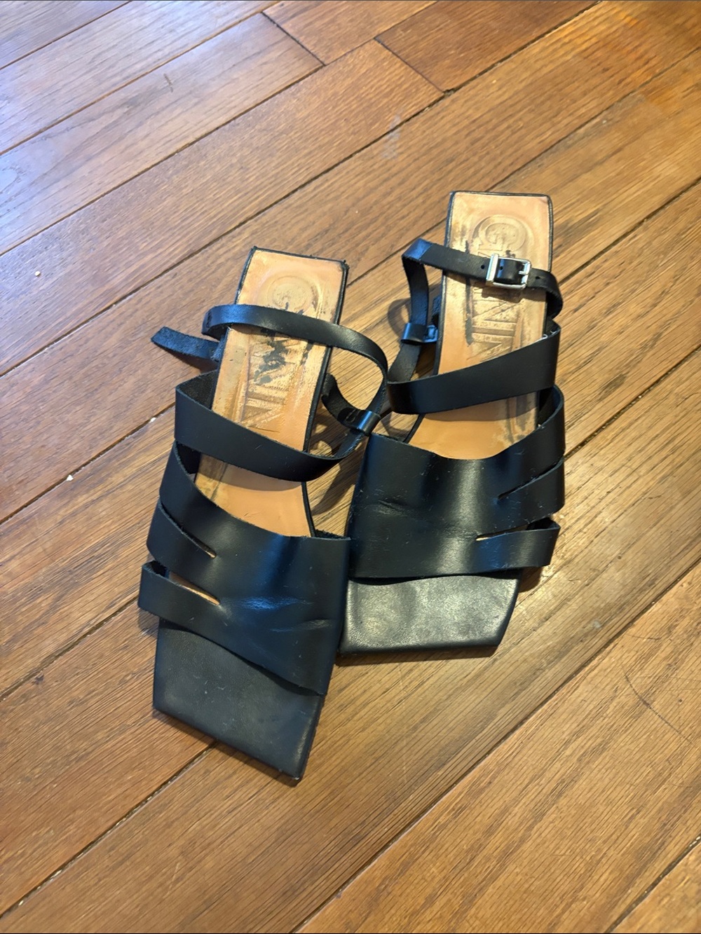 Ganni Black Strappy Square-Toe Sandals Kitten Heels